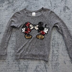 Disney Mickey & Minnie Mouse Sequin Pullover Sweater Heather Gray Size Small